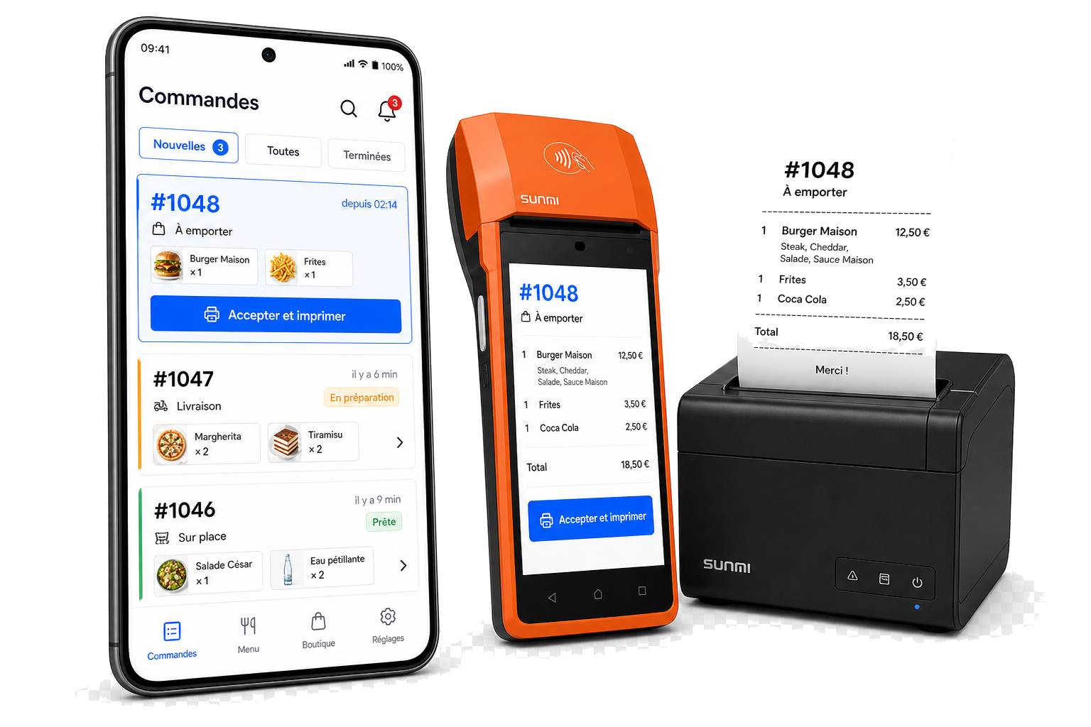 Restoinc Order Android app next to a SUNMI terminal and a thermal POS printer