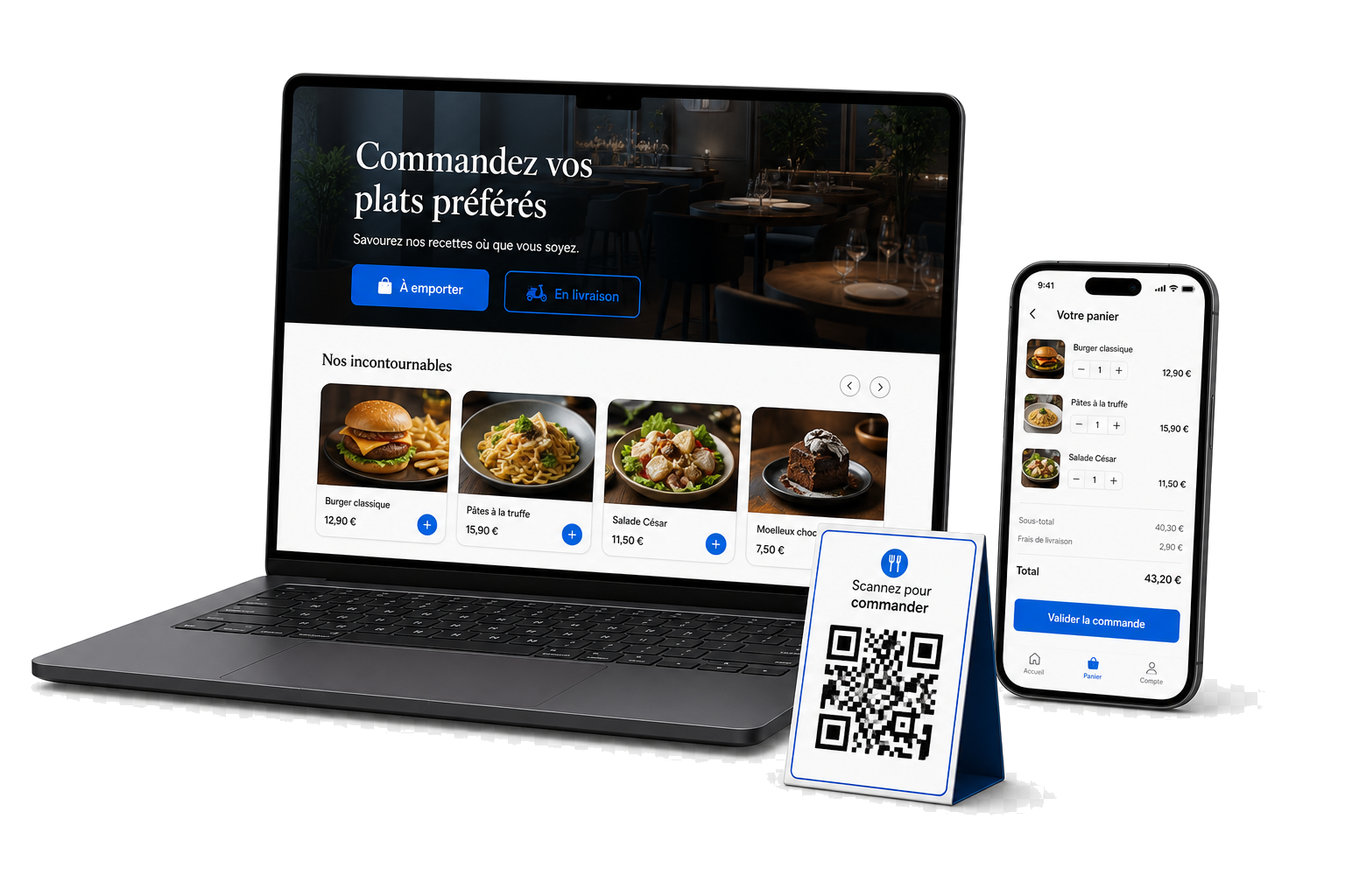 Restoinc restaurant ordering website on a laptop and phone with a tabletop QR code sign