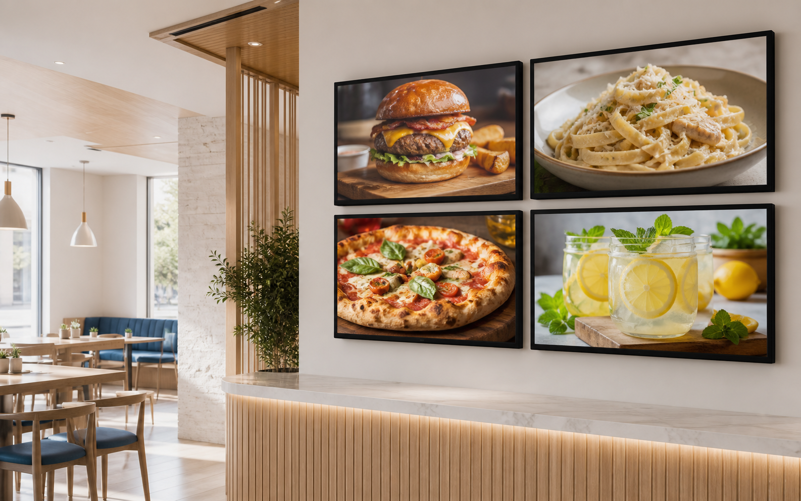 Four digital menu screens inside a restaurant